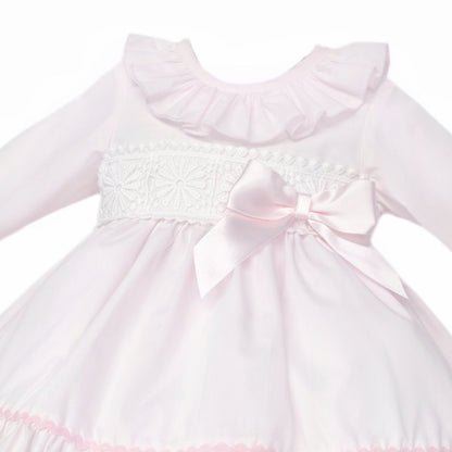Baby Girls Pale Pink Broderie Waist Dress and Pants Set, product detail view