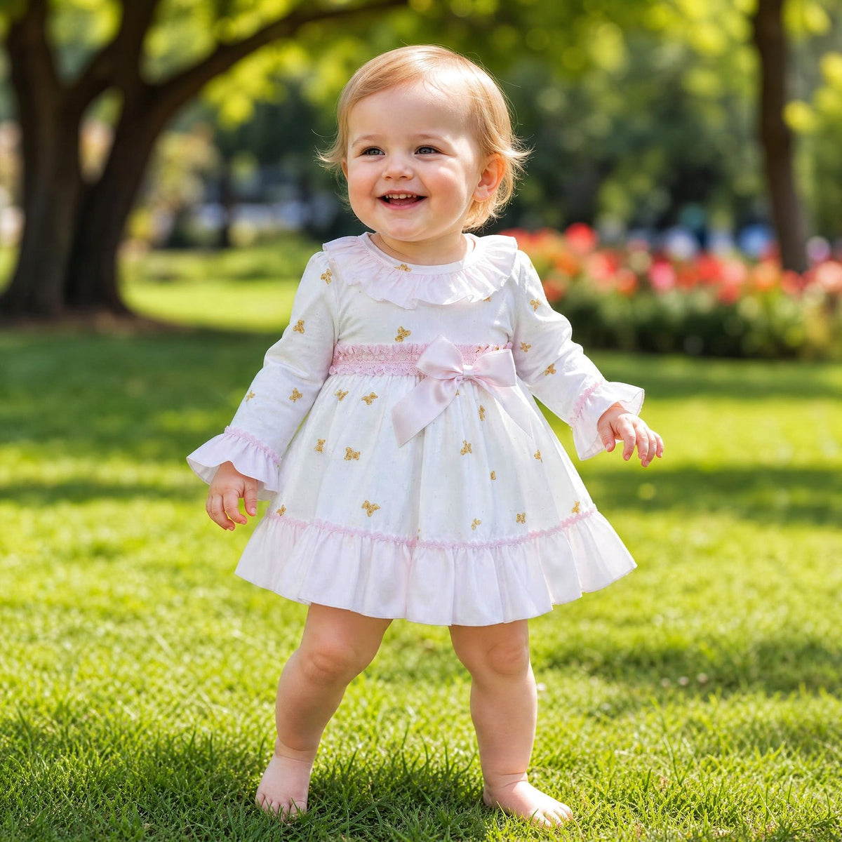 Baby Girls White Teddy Print Ruffle Dress and Pink Pants