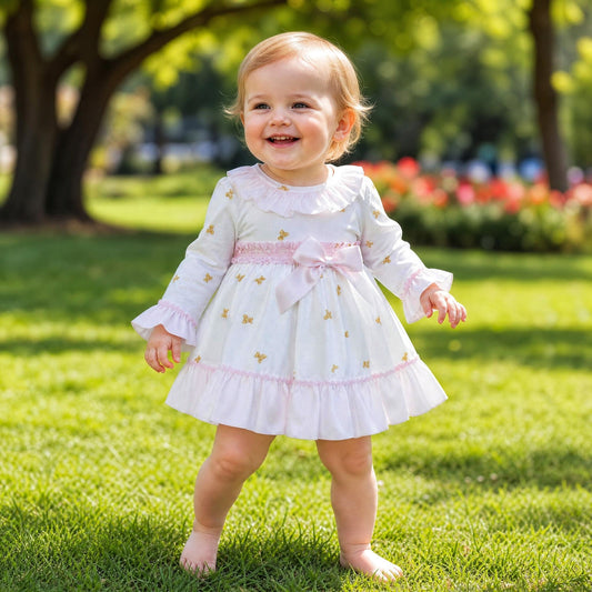 Baby Girls White Teddy Print Ruffle Dress and Pink Pants