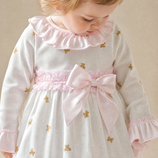 Baby Girls White Teddy Print Ruffle Dress and Pink Pants