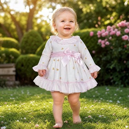 Baby Girls White Teddy Print Ruffle Dress and Pink Pants