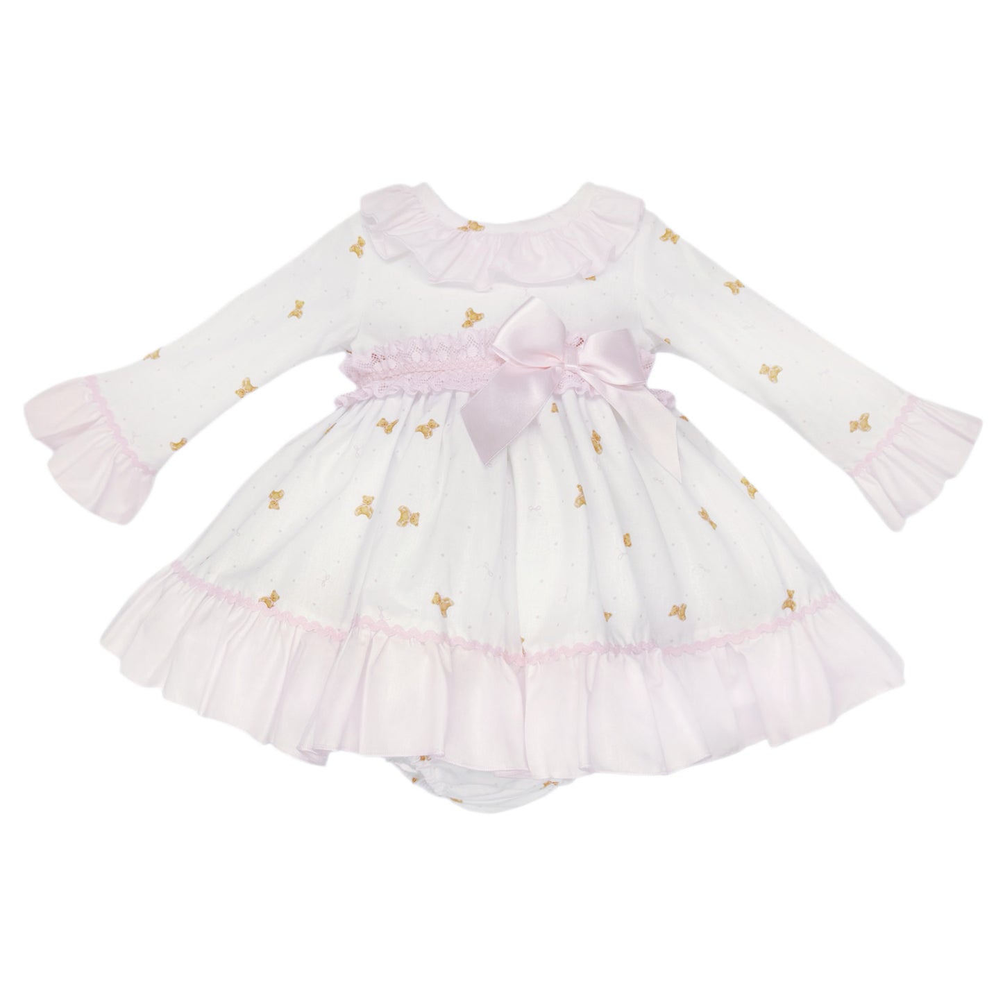 Baby Girls White Teddy Print Ruffle Dress and Pink Pants
