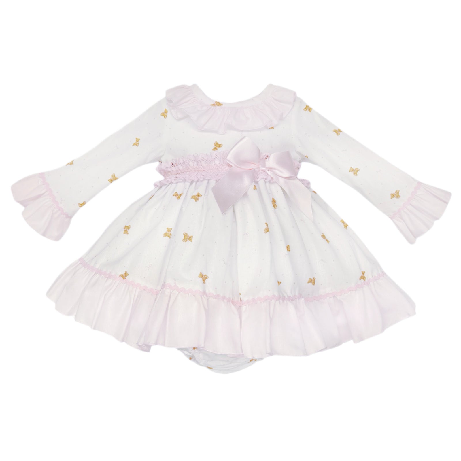 Baby Girls White Teddy Print Ruffle Dress and Pink Pants