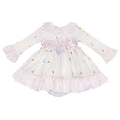 Baby Girls White Teddy Print Ruffle Dress and Pink Pants