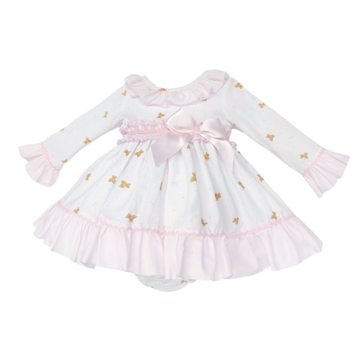 Baby Girls White Teddy Print Ruffle Dress and Pink Pants, alternate view 1