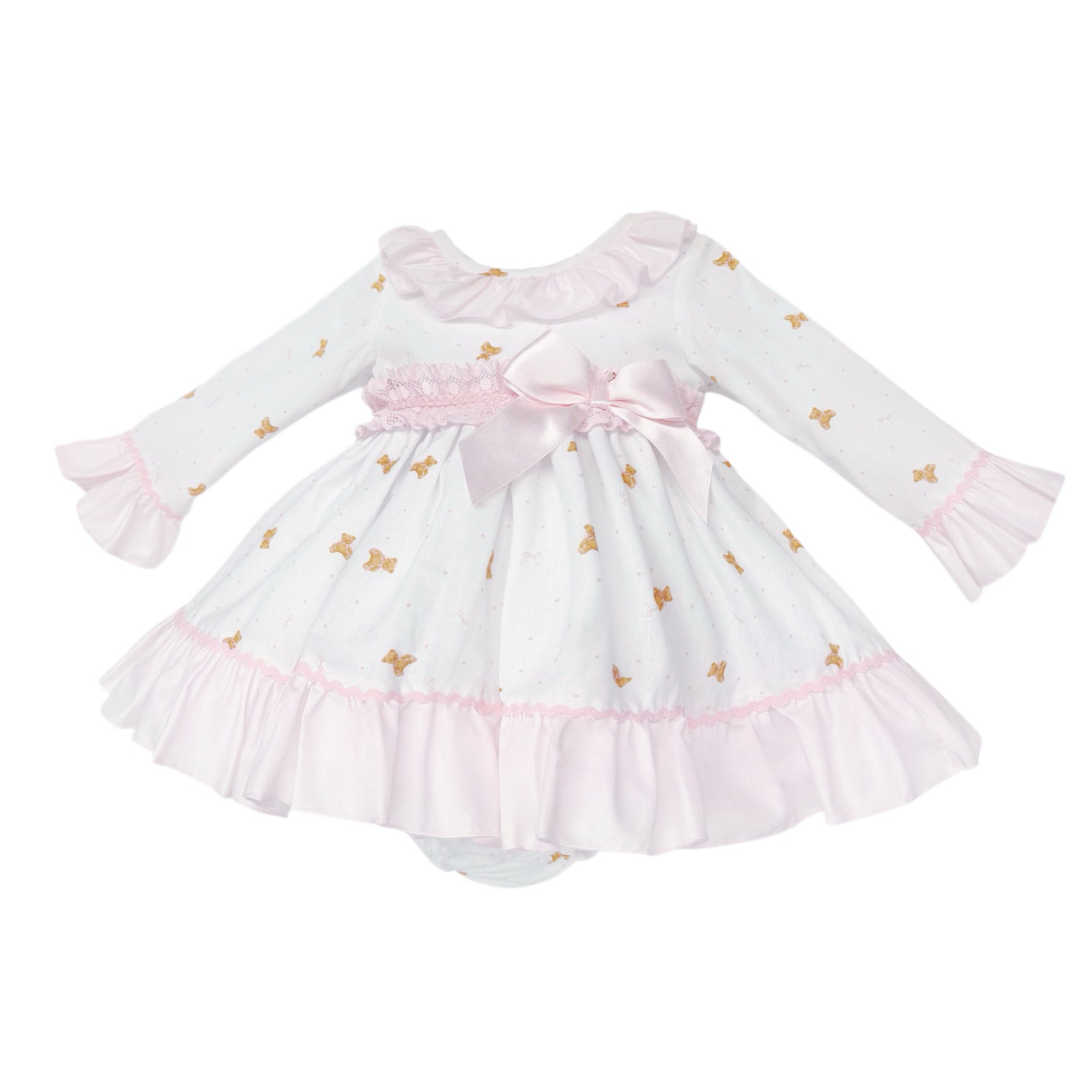 Baby Girls White Teddy Print Ruffle Dress and Pink Pants, alternate view 1