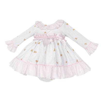 Baby Girls White Teddy Print Ruffle Dress and Pink Pants, alternate view 1
