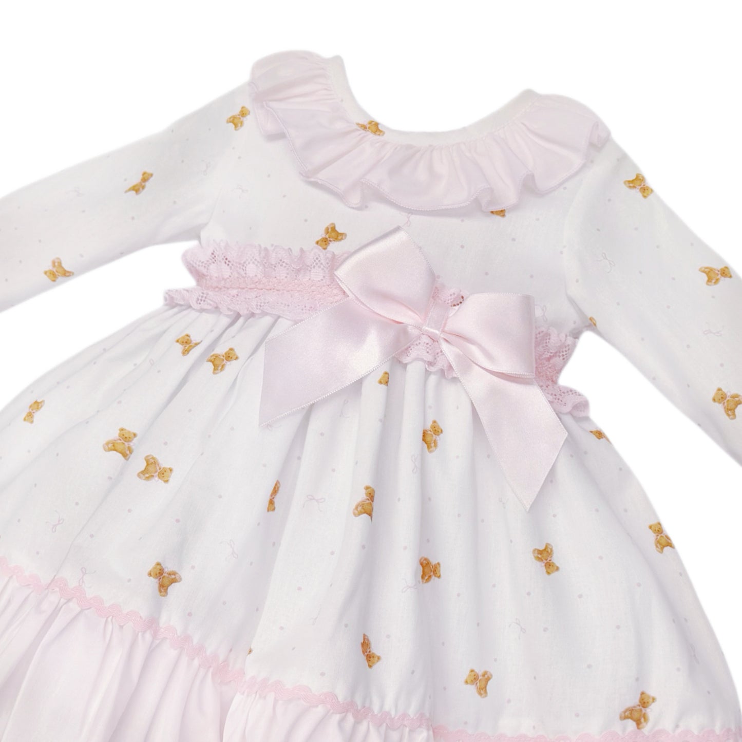 Baby Girls White Teddy Print Ruffle Dress and Pink Pants, detail view