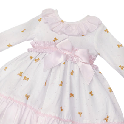 Baby Girls White Teddy Print Ruffle Dress and Pink Pants, detail view
