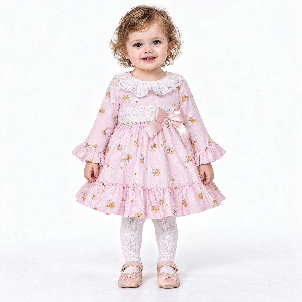 Baby Girls Pink Teddy Print Broderie Dress and Pants