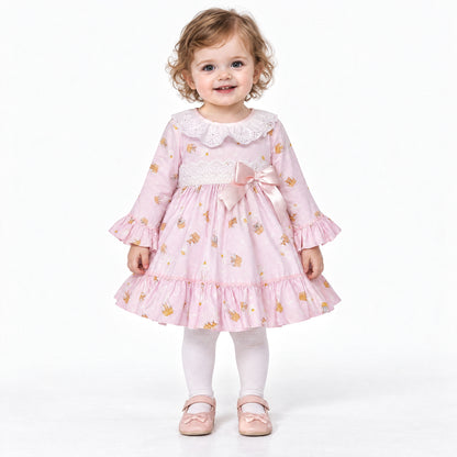 Baby Girls Pink Teddy Print Broderie Dress and Pants