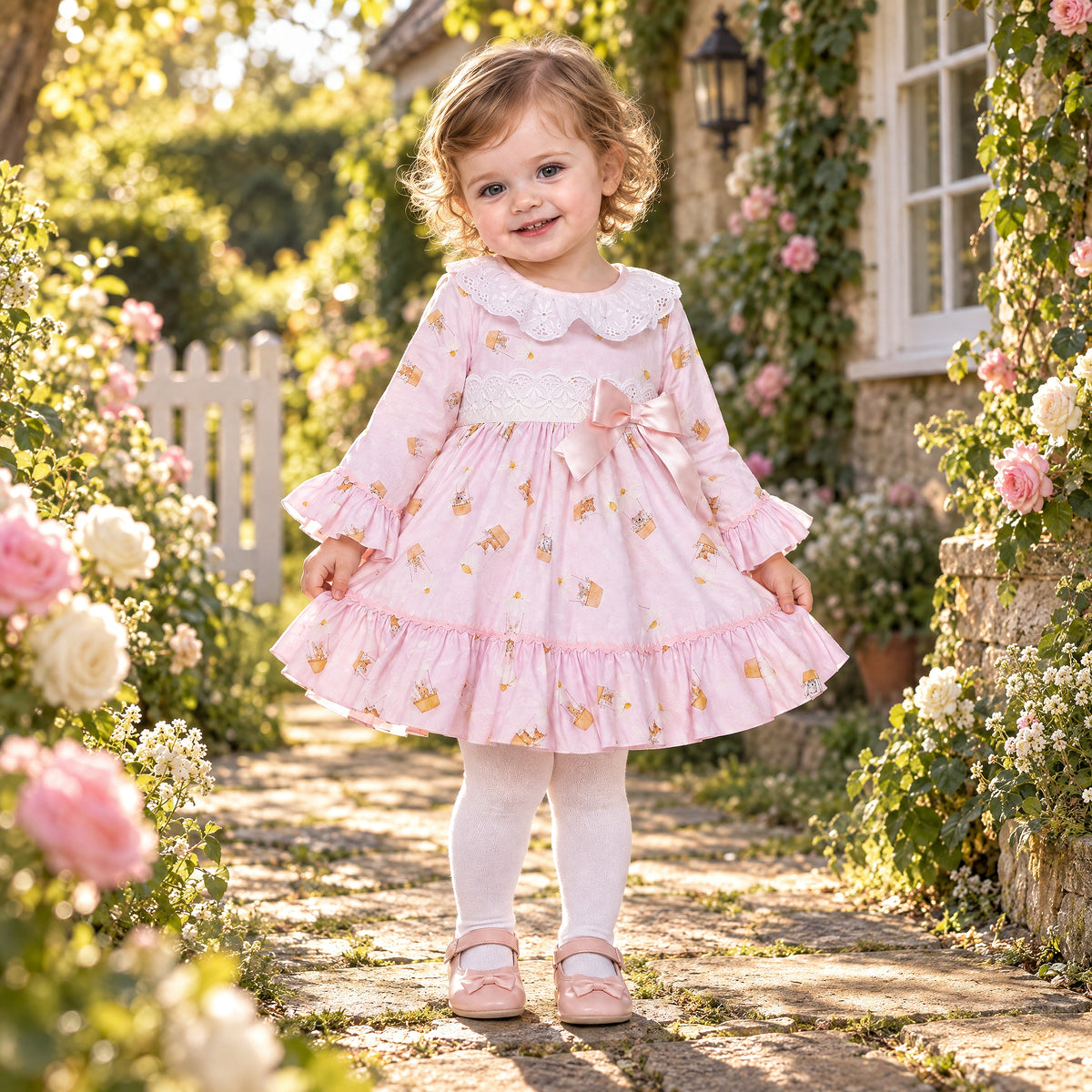Baby Girls Pink Teddy Print Broderie Dress and Pants