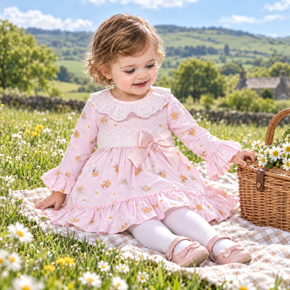 Baby Girls Pink Teddy Print Broderie Dress and Pants