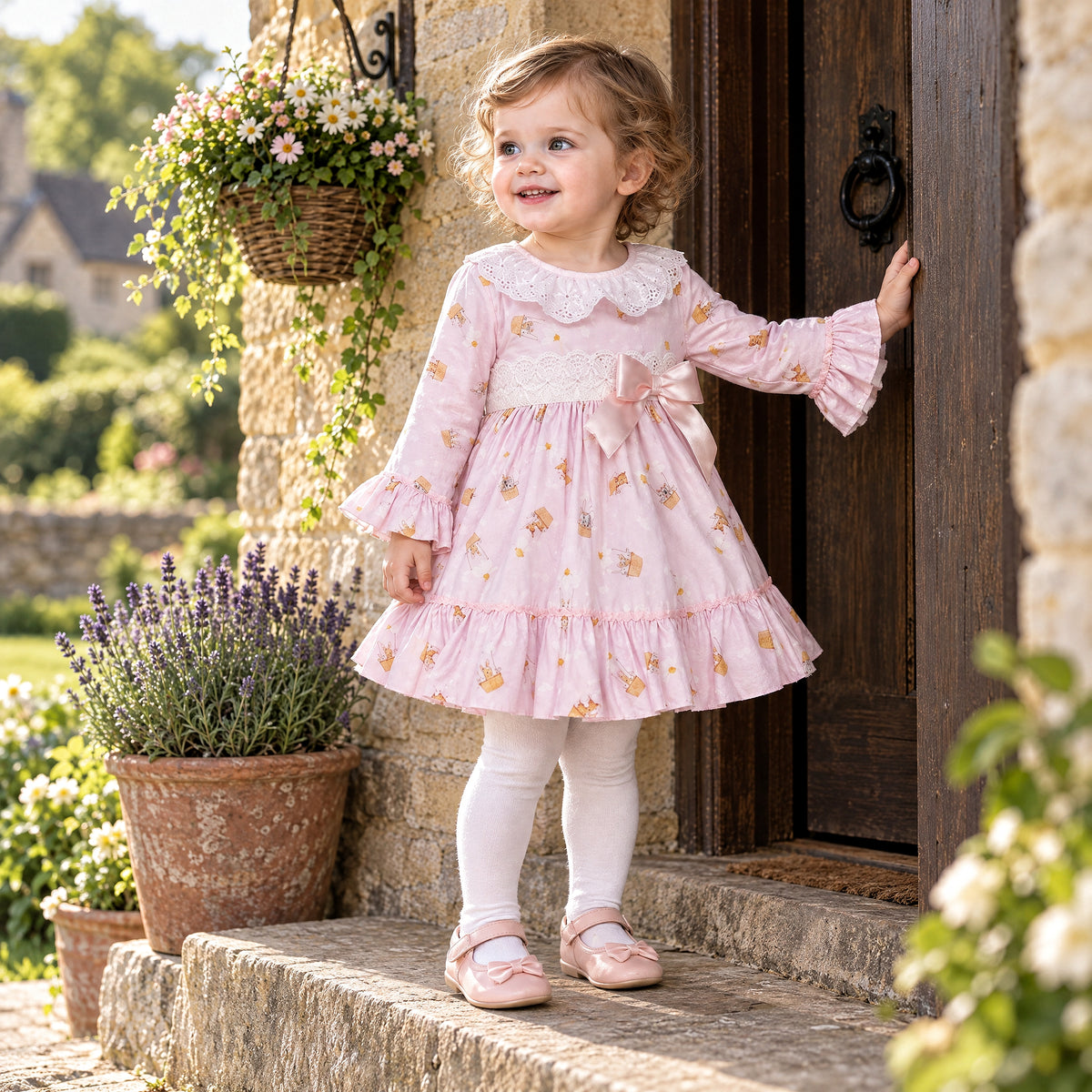 Baby Girls Pink Teddy Print Broderie Dress and Pants