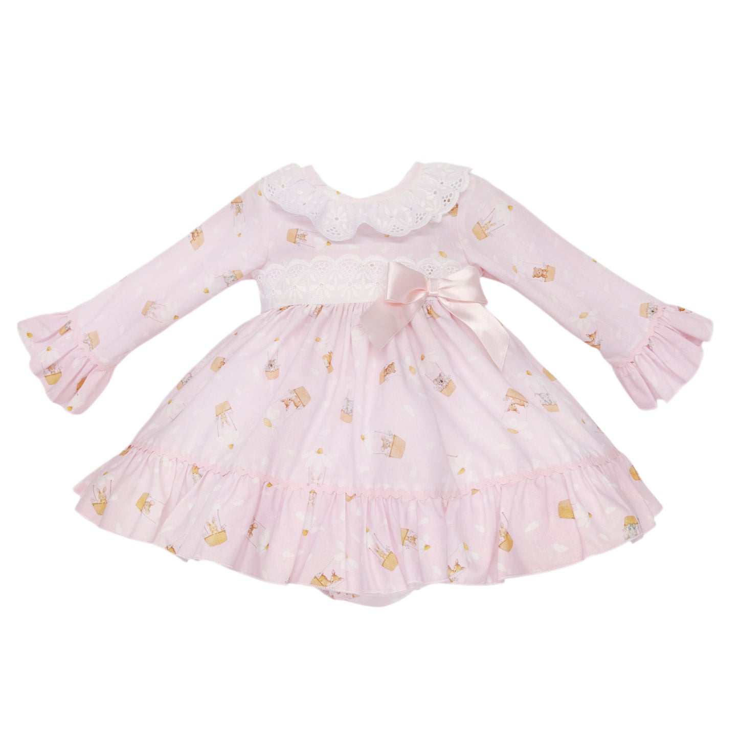 Baby Girls Pink Teddy Print Broderie Dress and Pants