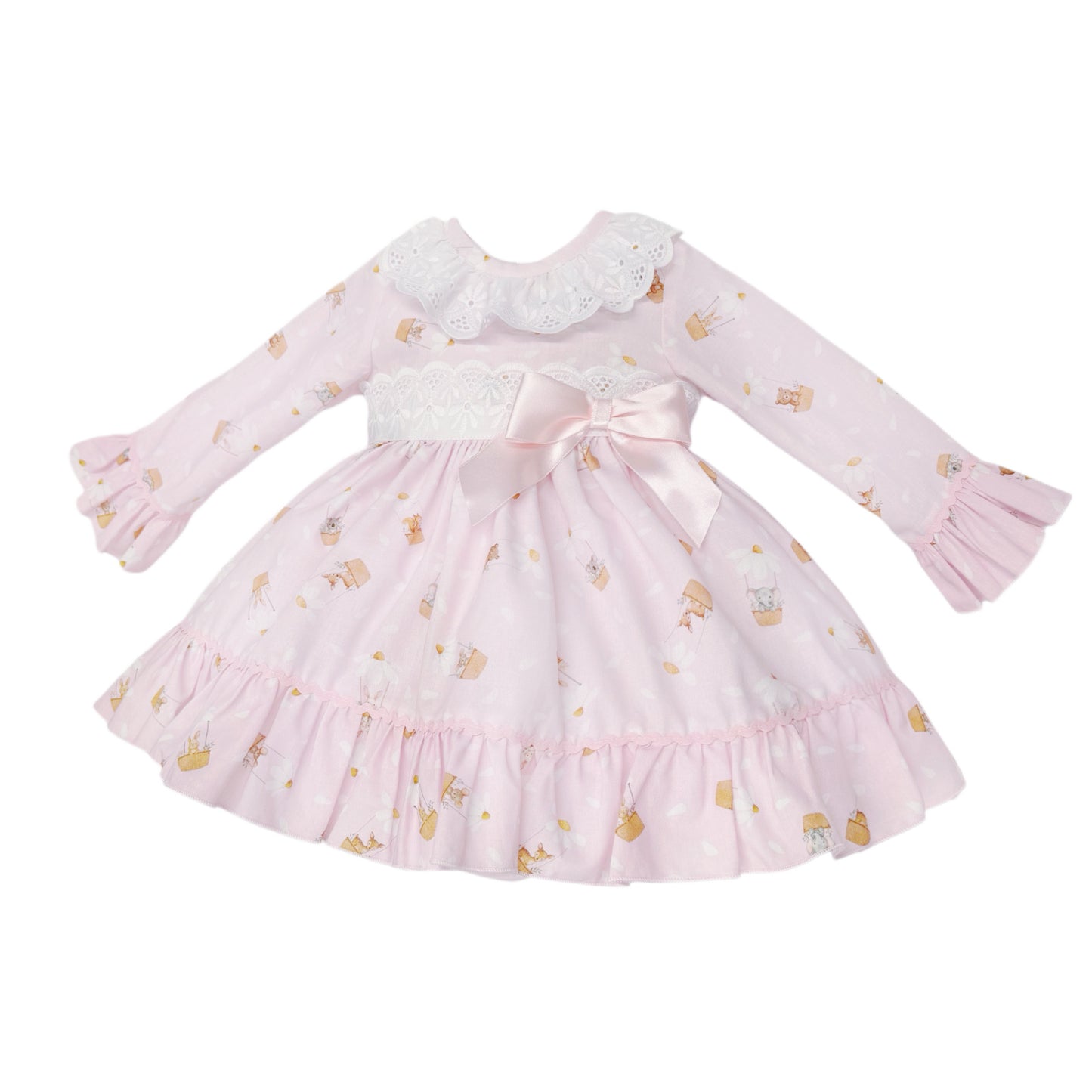 Baby Girls Pink Teddy Print Broderie Dress and Pants, alternate view 1