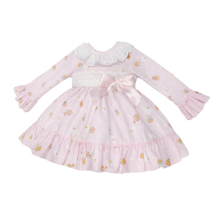 Baby Girls Pink Teddy Print Broderie Dress and Pants, alternate view 1