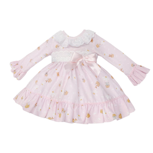 Baby Girls Pink Teddy Print Broderie Dress and Pants, alternate view 1