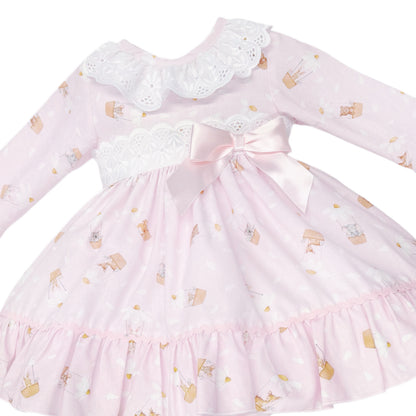 Baby Girls Pink Teddy Print Broderie Dress and Pants, detail view