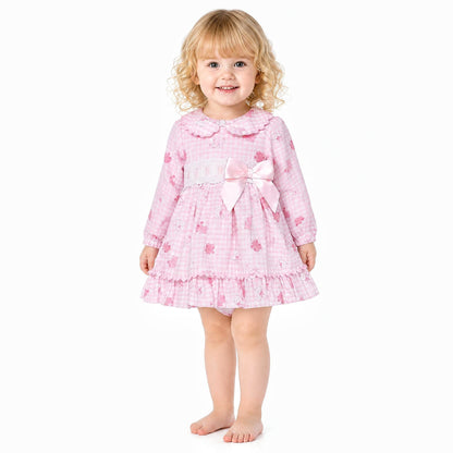 Baby Girls Pink Gingham Teddy Print Dress and Pants