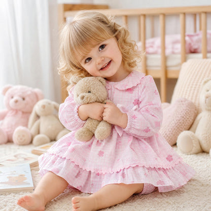 Baby Girls Pink Gingham Teddy Print Dress and Pants