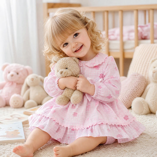 Baby Girls Pink Gingham Teddy Print Dress and Pants