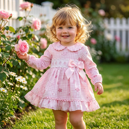 Baby Girls Pink Gingham Teddy Print Dress and Pants
