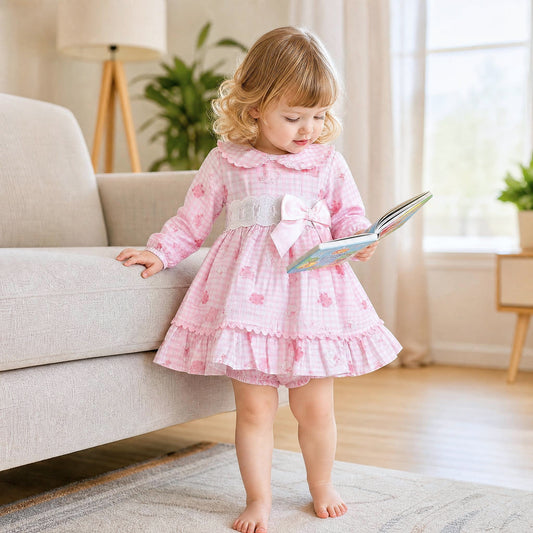 Baby Girls Pink Gingham Teddy Print Dress and Pants