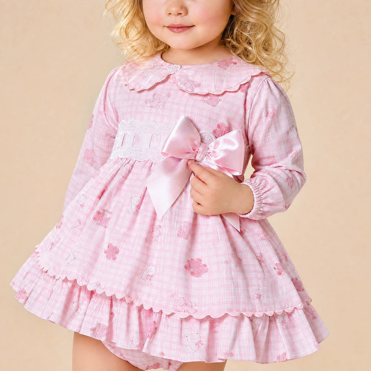 Baby Girls Pink Gingham Teddy Print Dress and Pants
