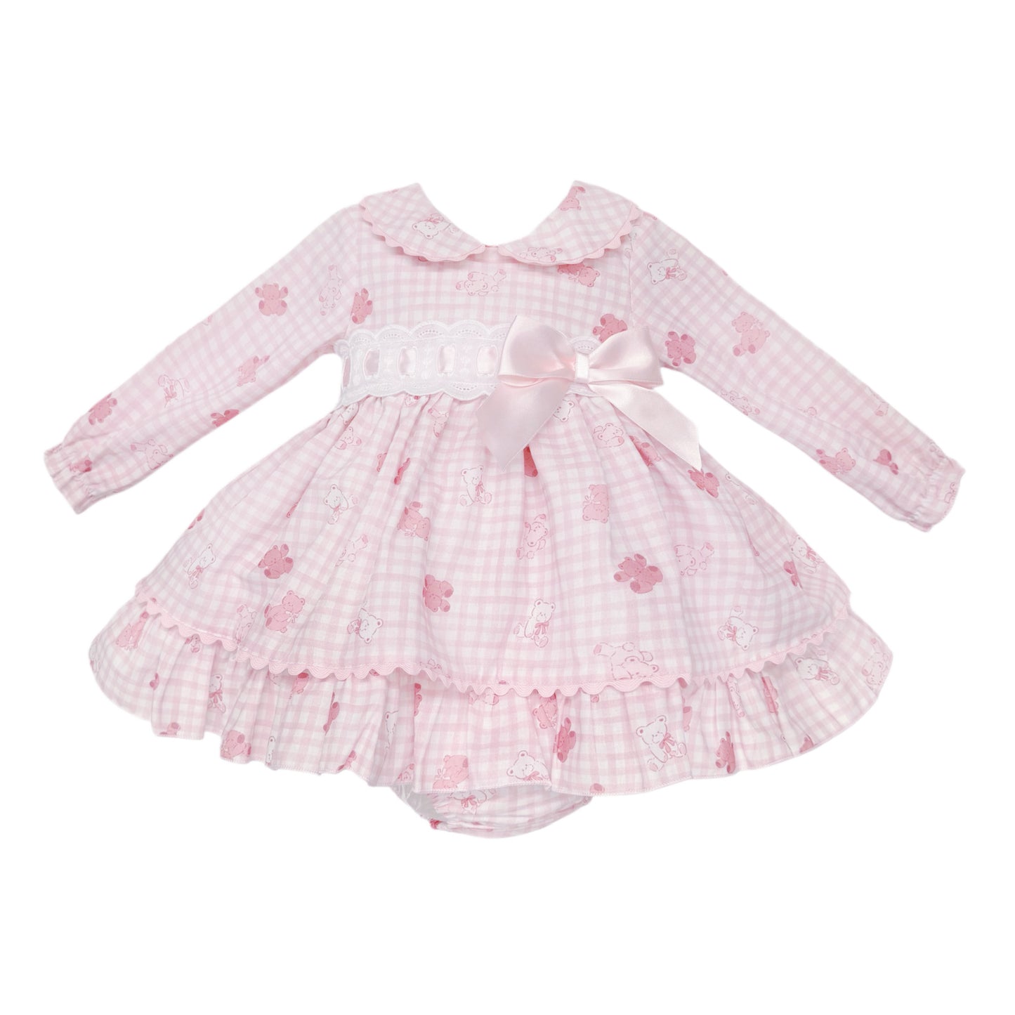 Baby Girls Pink Gingham Teddy Print Dress and Pants