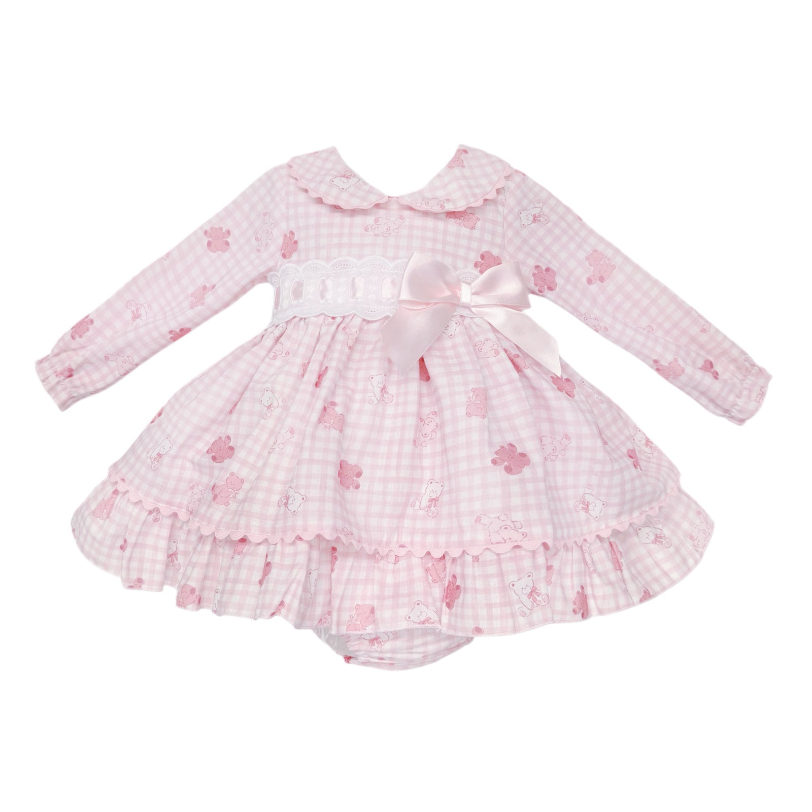 Baby Girls Pink Gingham Teddy Print Dress and Pants
