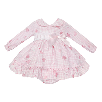 Baby Girls Pink Gingham Teddy Print Dress and Pants