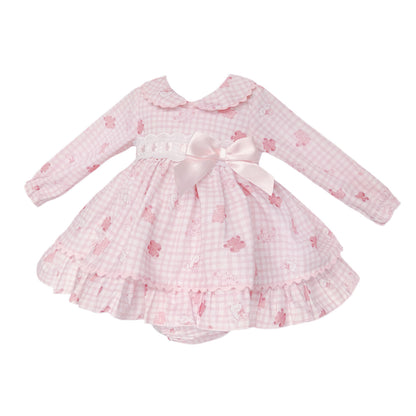 Baby Girls Pink Gingham Teddy Print Dress and Pants, alternate view 1