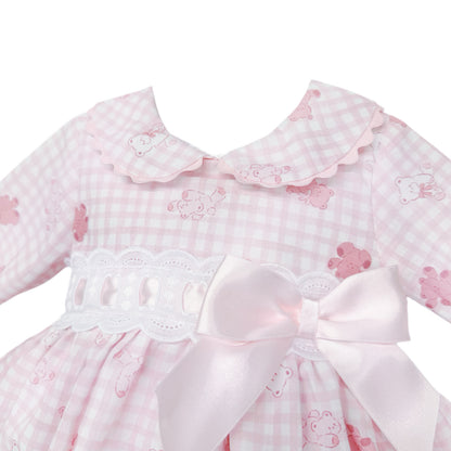 Baby Girls Pink Gingham Teddy Print Dress and Pants, detail view