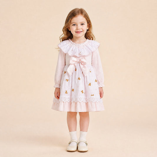Baby Girls Pale Pink Teddy Broderie Dress & Pants Set