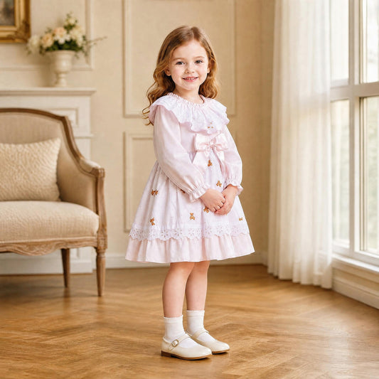 Baby Girls Pale Pink Teddy Broderie Dress & Pants Set