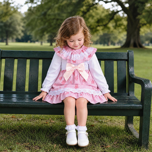 Baby Girls Pink Gingham Teddy Dress & Pants Set