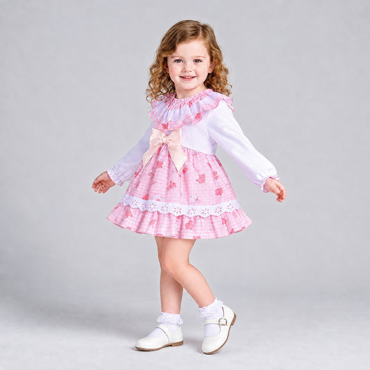 Baby Girls Pink Gingham Teddy Dress & Pants Set