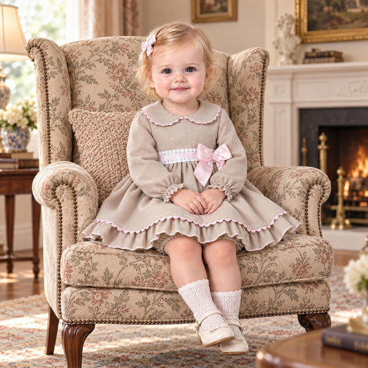 Baby Girls Grey Textured Pink Bow Dress and Pants Set