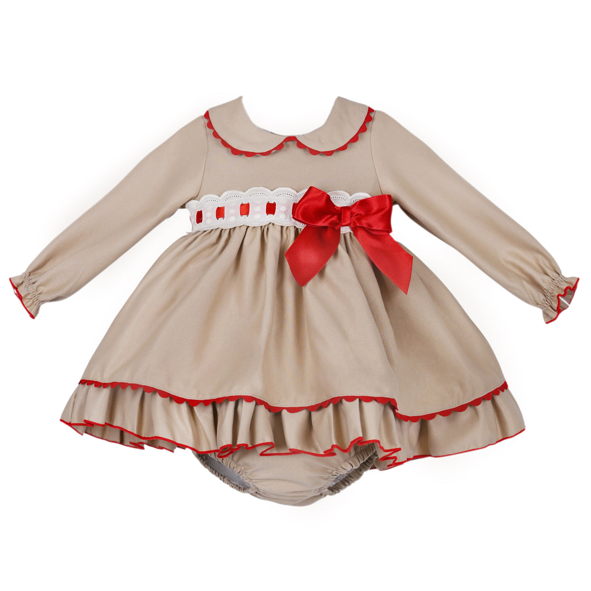 Grey baby dress and pants with bright red side bow, scalloped trim and white waist band