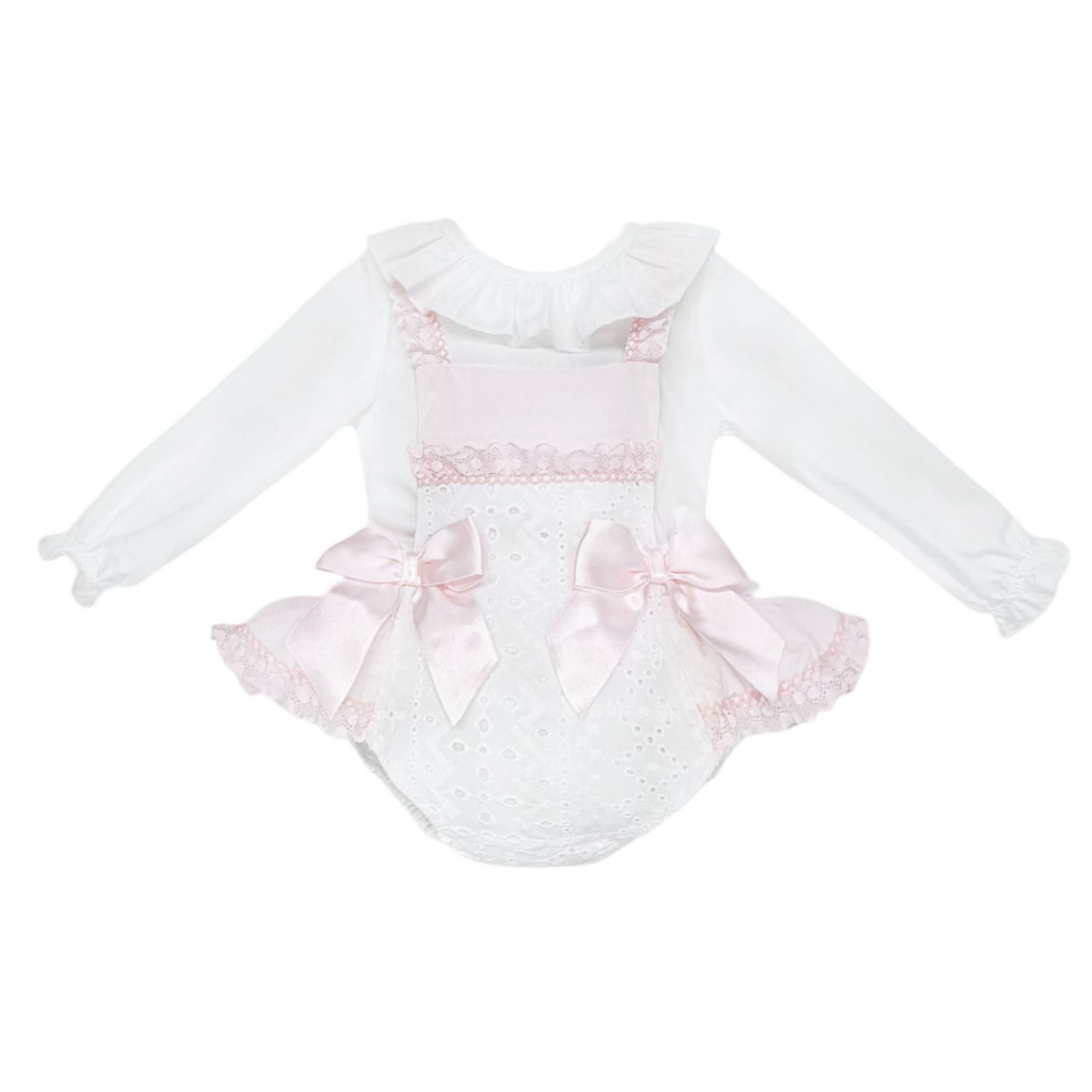 Baby Girls Pink and White Broderie Romper with Bows