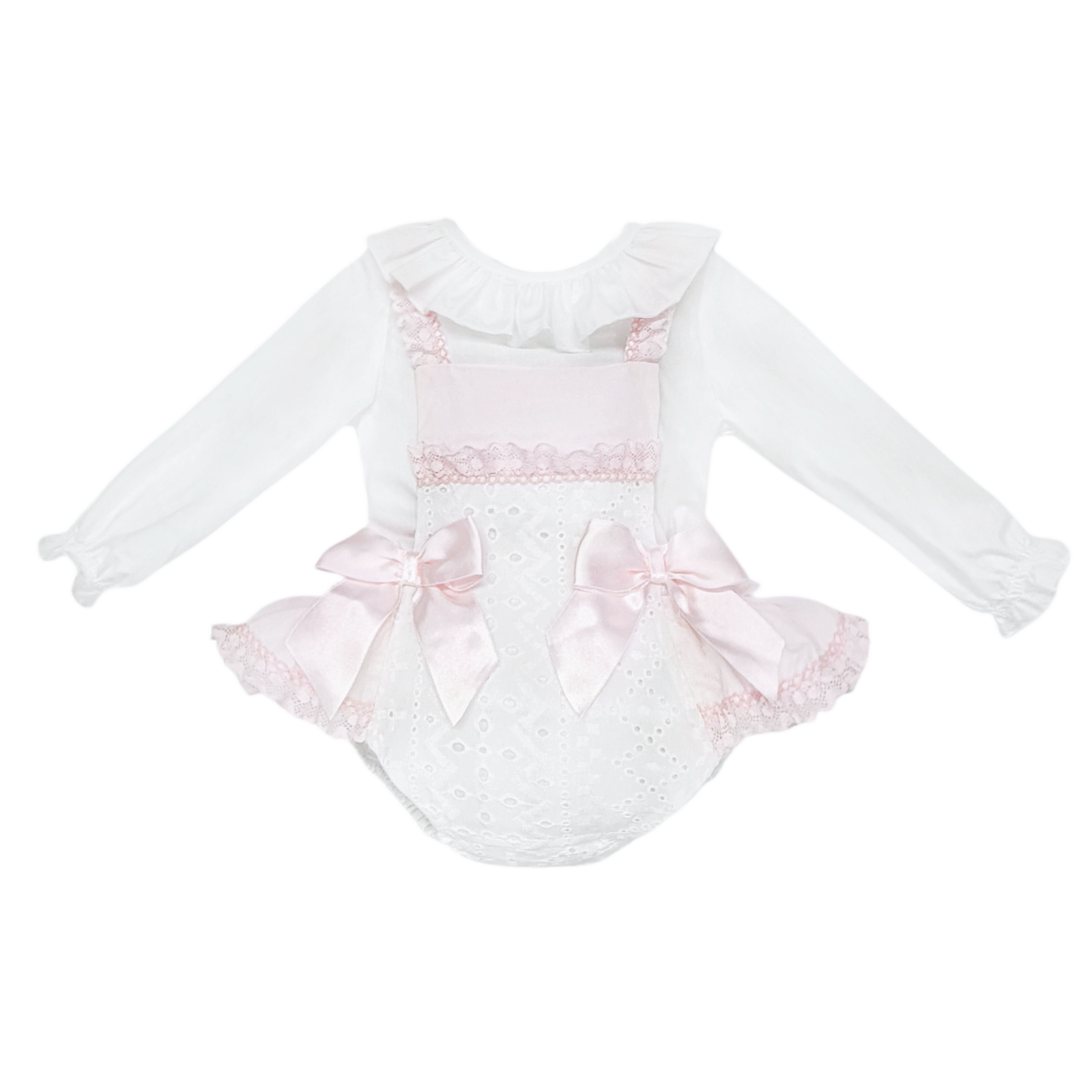 Baby Girls Pink and White Broderie Romper with Bows