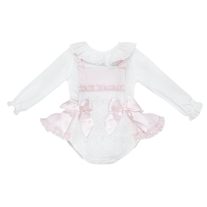 Baby Girls Pink and White Broderie Romper with Bows