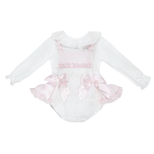 Baby Girls Pink and White Broderie Romper with Bows