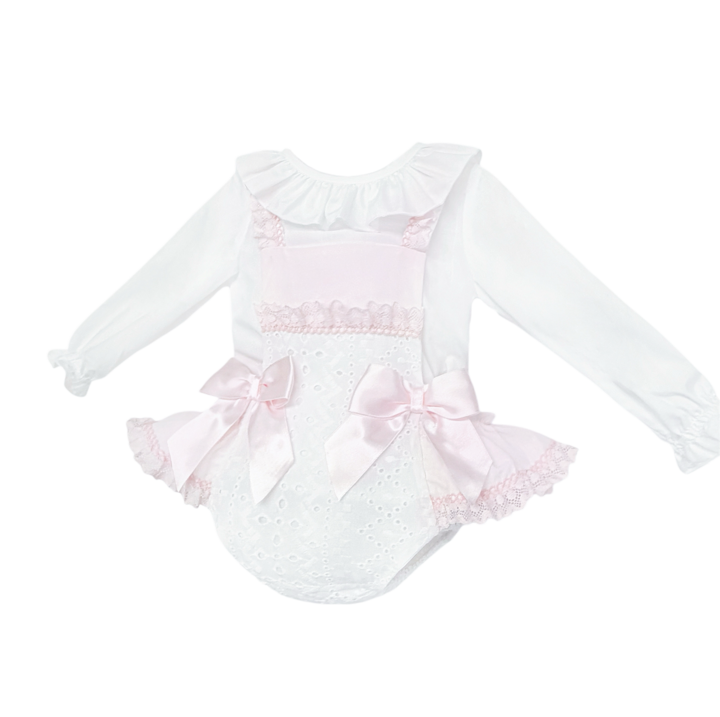 Baby Girls Pink and White Broderie Romper with Bows, alternate view 1