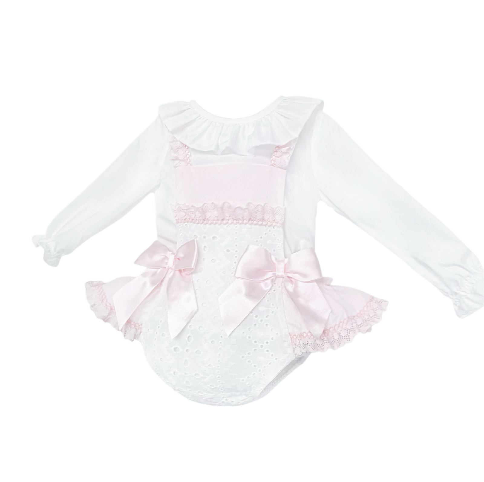 Baby Girls Pink and White Broderie Romper with Bows, alternate view 1