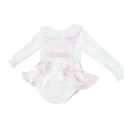 Baby Girls Pink and White Broderie Romper with Bows, alternate view 1