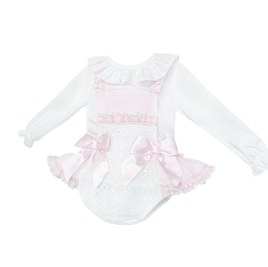 Baby Girls Pink and White Broderie Romper with Bows, alternate view 1