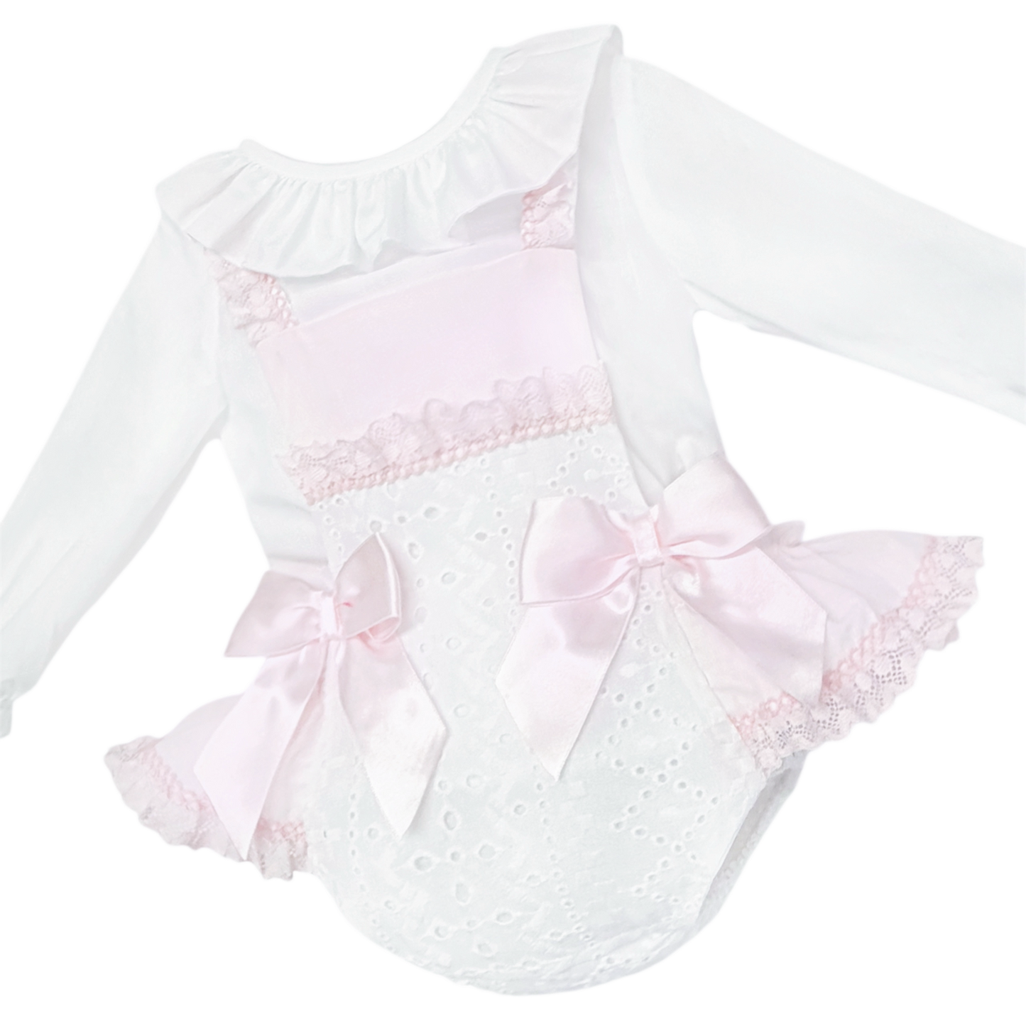 Baby Girls Pink and White Broderie Romper with Bows, alternate view 2
