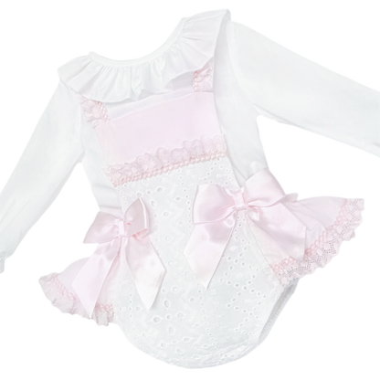 Baby Girls Pink and White Broderie Romper with Bows, alternate view 2